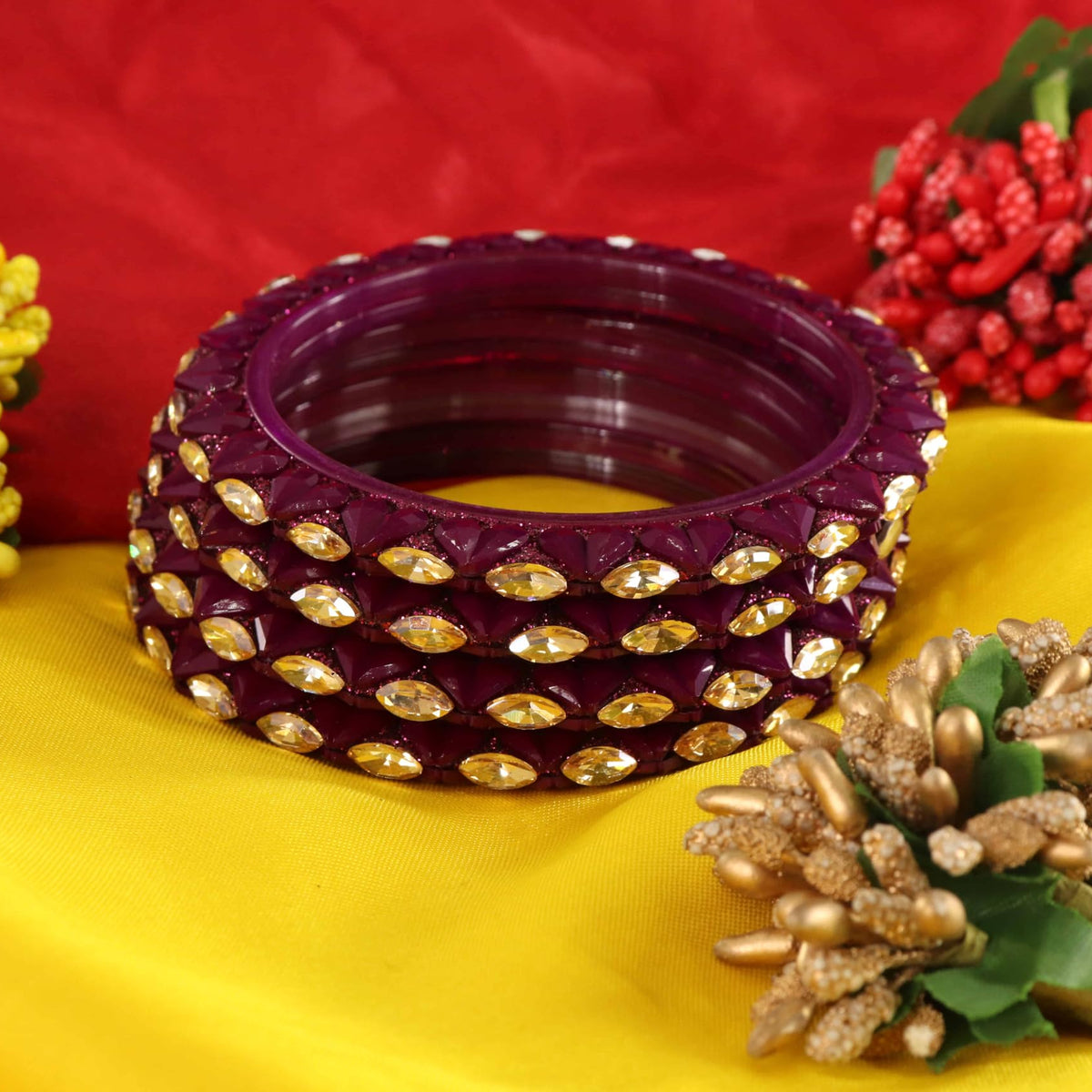Wine Sparkling stone detailing, and elegant golden Kada - Set Of 4