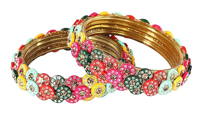Multicolour Glass Kada Bangles for Women & Girls | Floral Stone Work Designer Bangles | Set of 2
