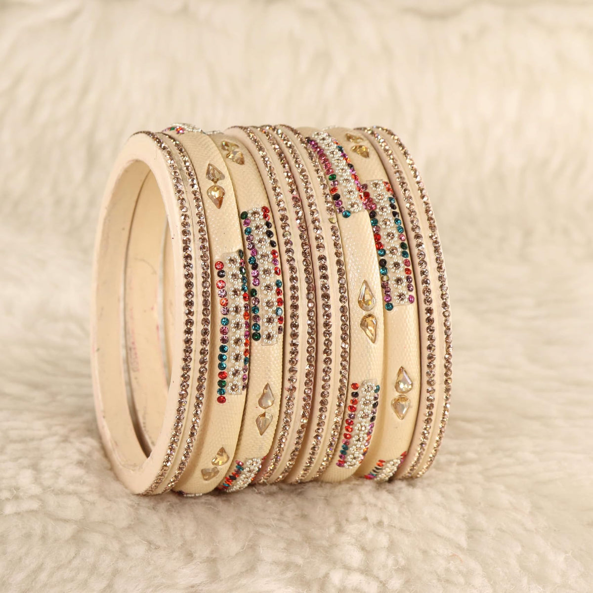 MultiCream Stone Studded  Embellished Traditional Bangles - Set of 8