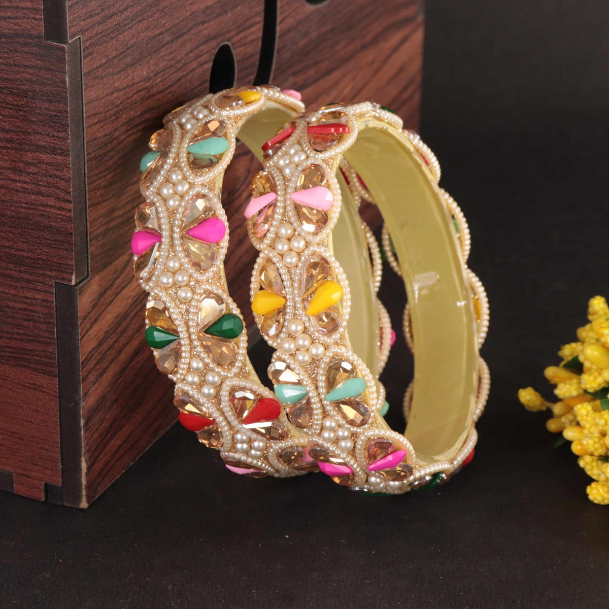 GoldMulti Designer Bangles with Multicolor Stones - Set of  2