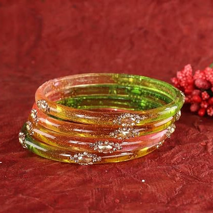 Glass Bangles set With Golden Crystal-Zircon Stone & Floral Work- Pack of 4