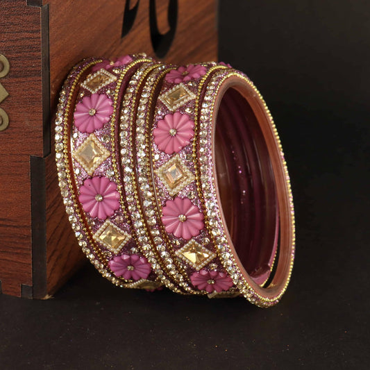 Pyazi Premium Designer Kundan Stone Floral Kada- Set of 6