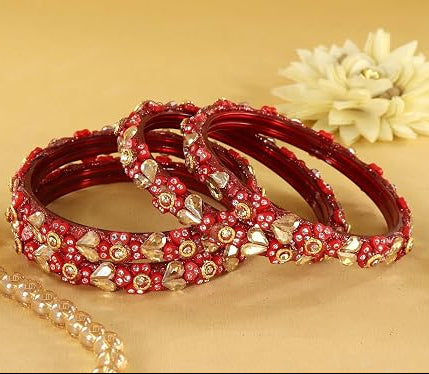 Glass Bangles Kada Set With Kundan & Zircon stones Work- Pack of 4