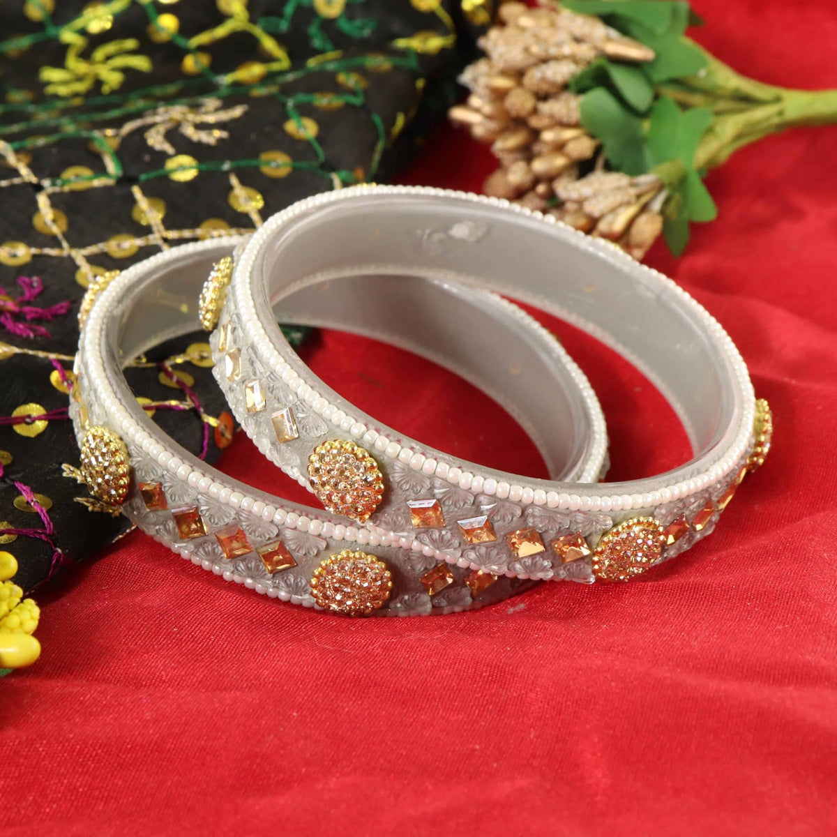 Grey Floral Embossed Pattern with Square Stone Kada- Set of 2