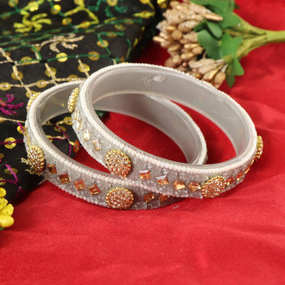 Grey Floral Embossed Pattern with Square Stone Kada- Set of 2