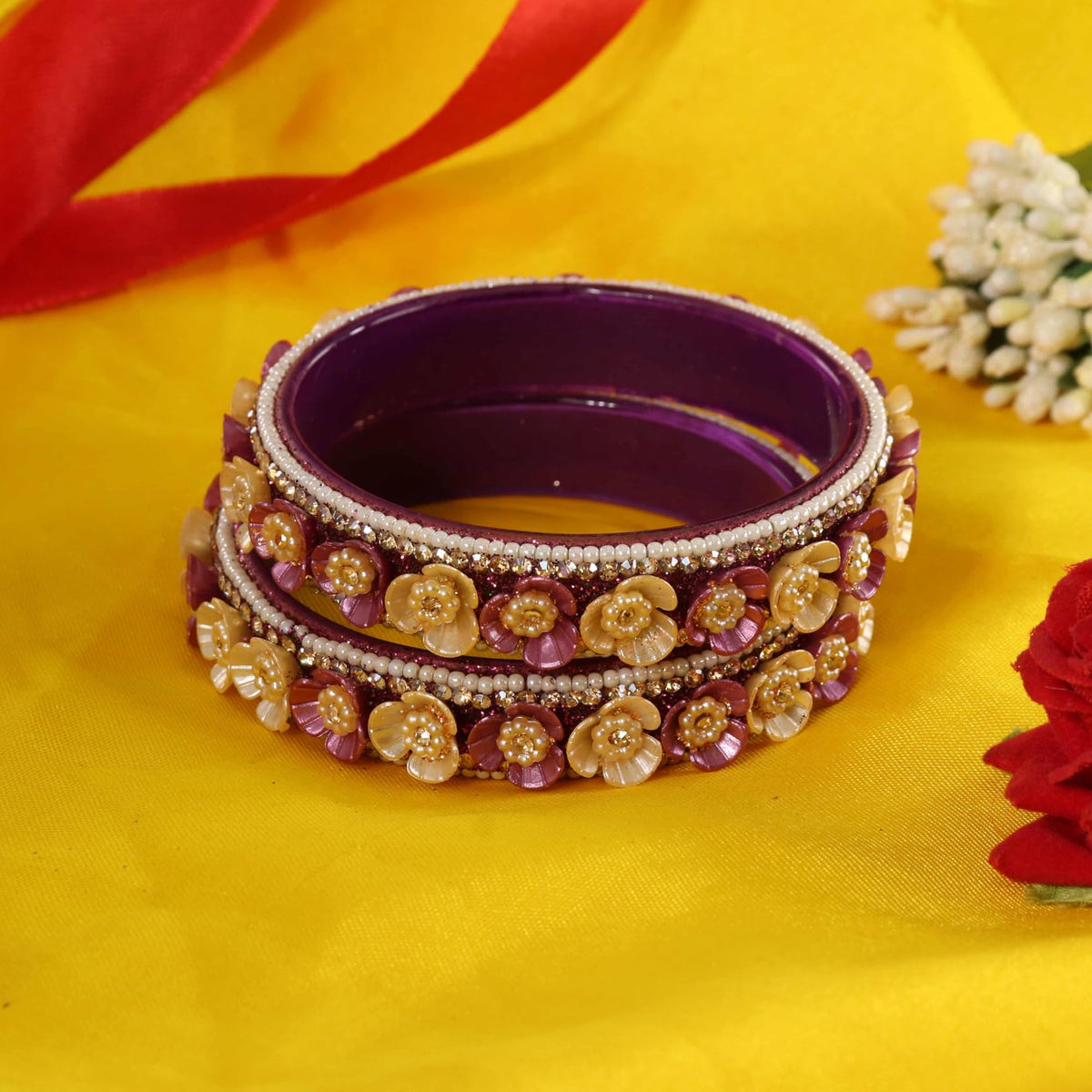 Wine Premium Floral Pearl Studded Kada Set - Set of 2