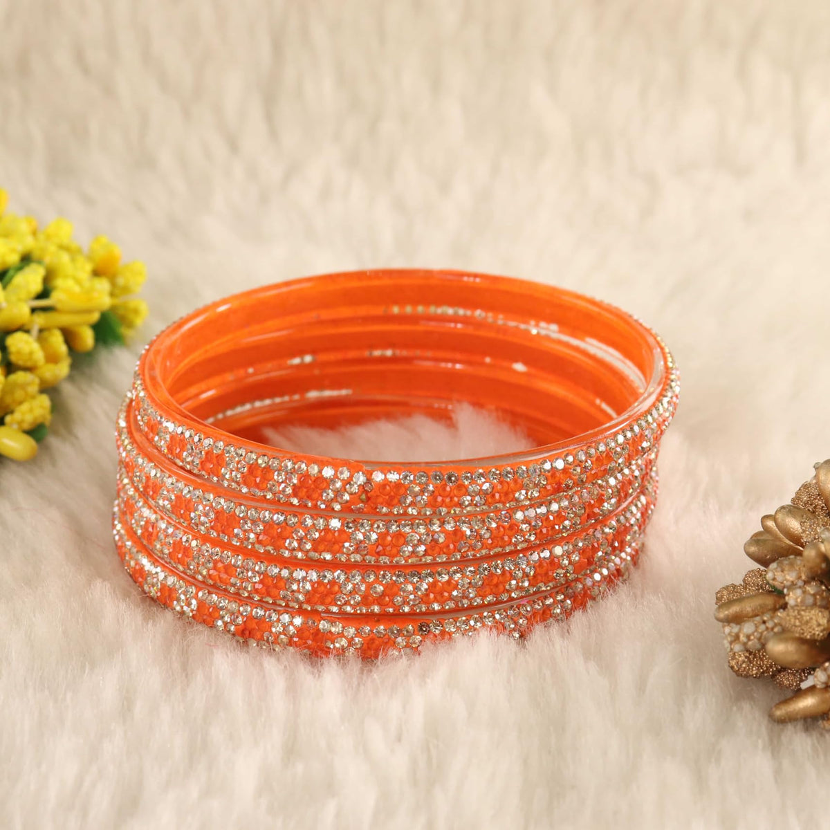 Orange Premium Stone Studded Kada Set - Set of 4
