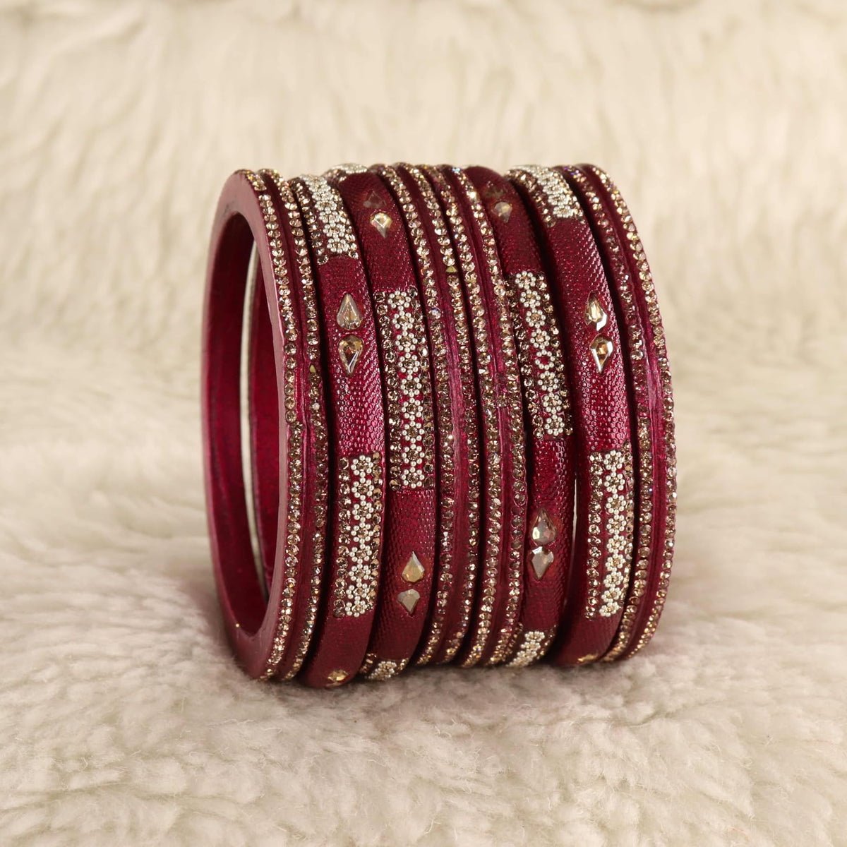 Maroon Stone Studded  Embellished Traditional Bangles - Set of 8