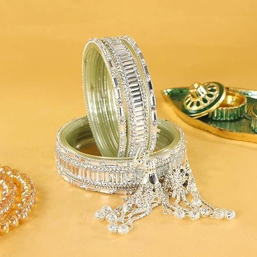 silver Glass Latkan Bangles Set For Wedding, - Set of 6