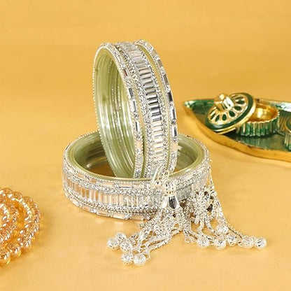 silver Glass Latkan Bangles Set For Wedding, - Set of 6