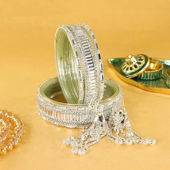 Glass Bangles Set With Crystal Stone-Latkan & Zircon Stone Work- Pack of 6