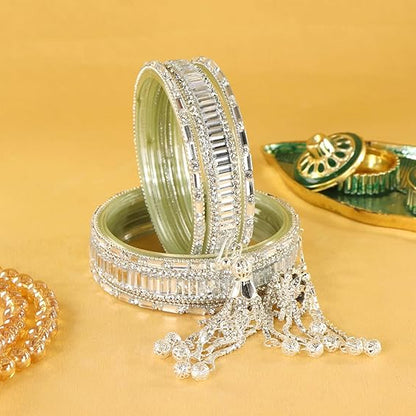 Glass Bangles Set With Crystal Stone-Latkan & Zircon Stone Work- Pack of 6