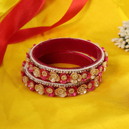 Magenta Premium Floral Pearl Studded Kada Set - Set of 2