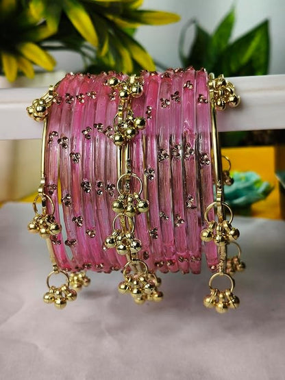 Pink Glass Bangles Set with Gold Metal Ghungroo Pack of 16