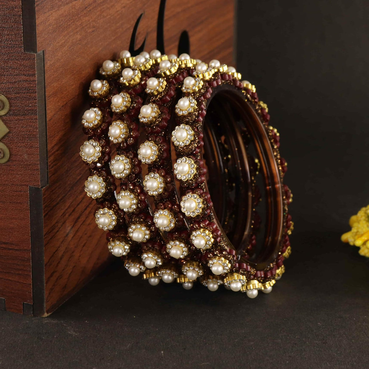 CoffeeBrown Gold-Tone Kundan & Pearl Stone Work - Set of 4