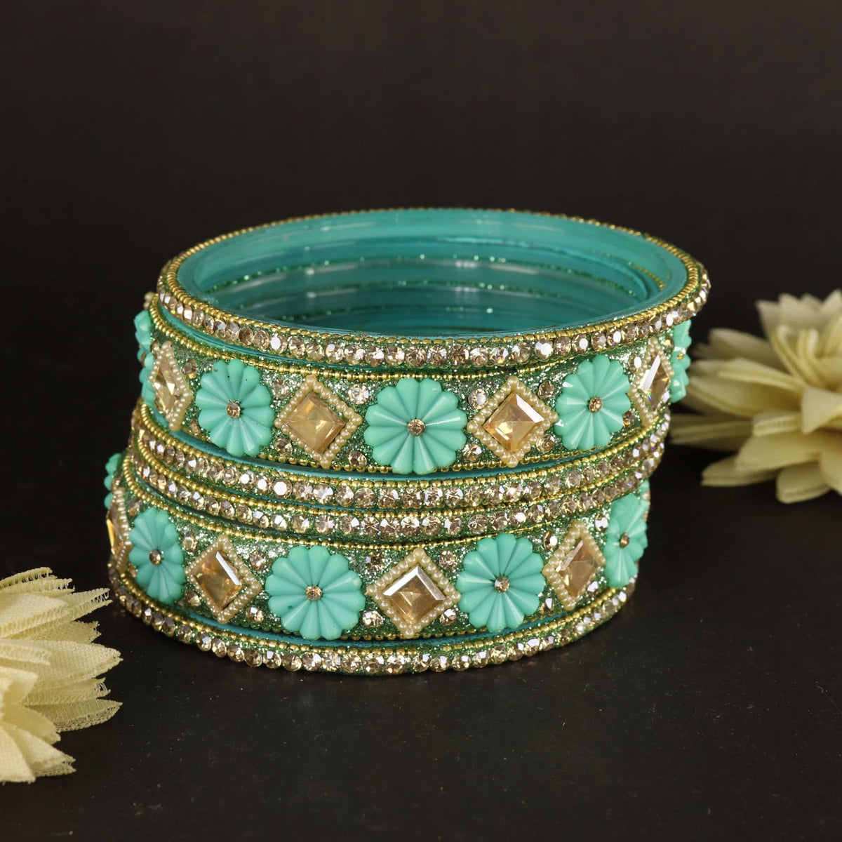 Sentro Premium Designer Kundan Stone Floral Kada- Set of 6