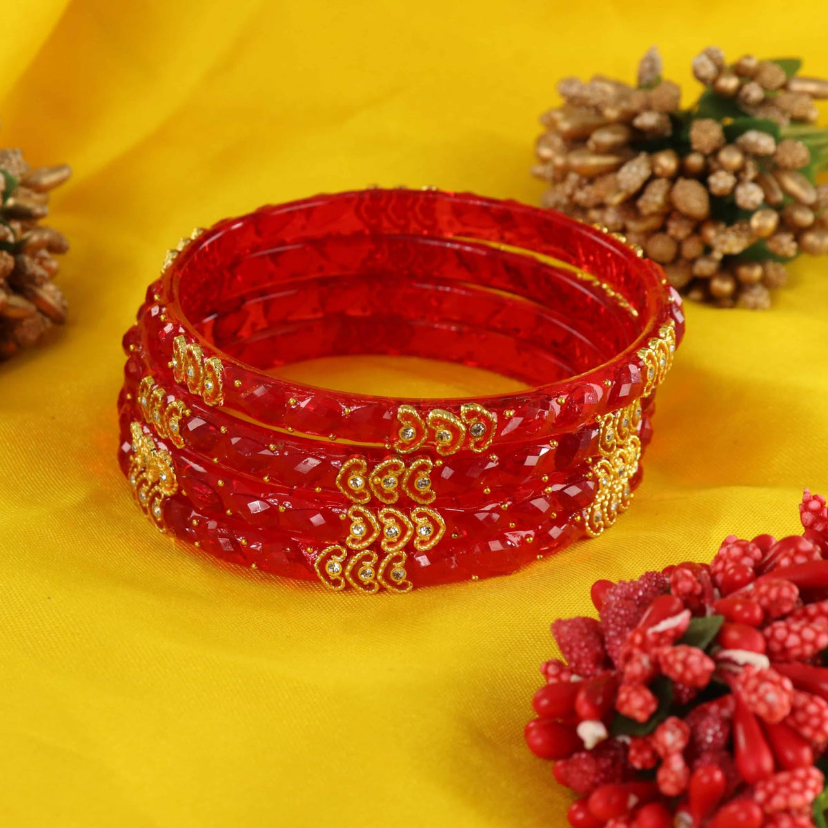 Red Traditional Party Wear Bangle Set - Set of 4 Bangles