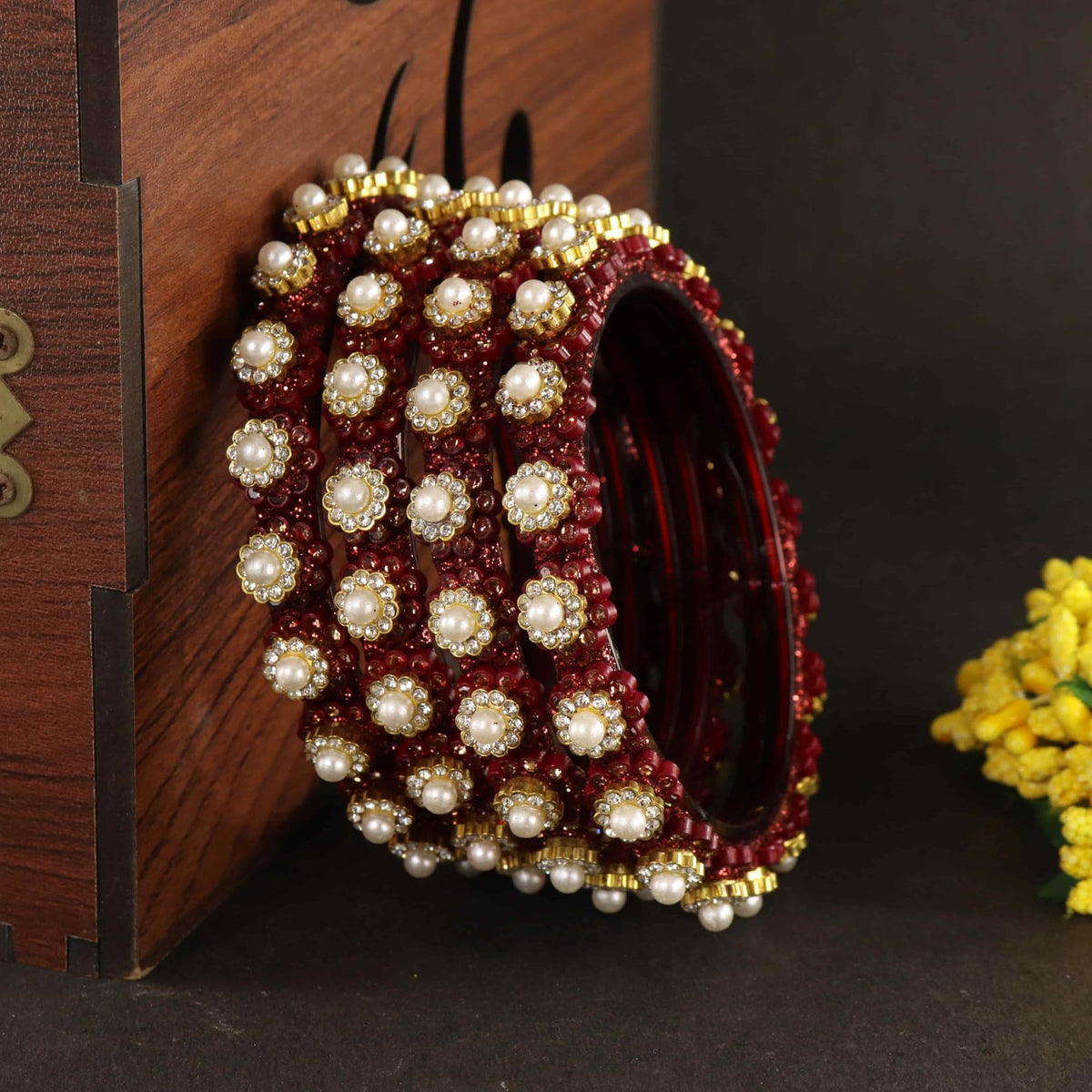 Maroon Gold-Tone Kundan & Pearl Stone Work - Set of 4