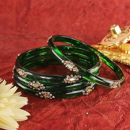 Glass Bangles set With Golden Crystal-Zircon Stone & Floral Work- Pack of 4