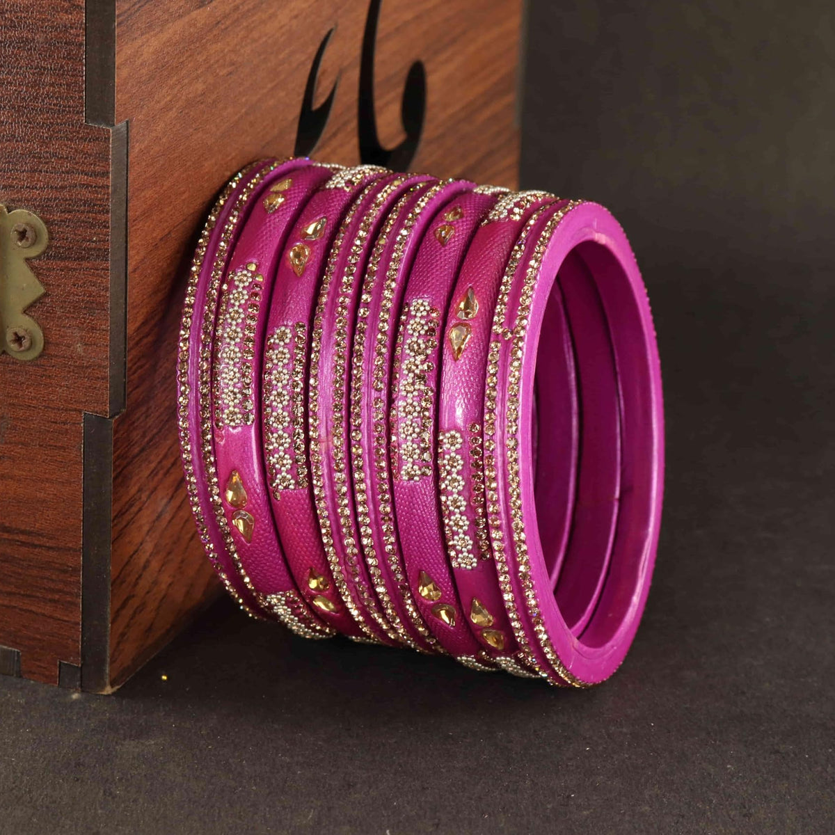 Magenta Stone Studded  Embellished Traditional Bangles - Set of 8