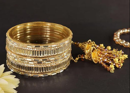 Glass Bangles Set With Crystal Stone-Latkan & Zircon Stone Work- Pack of 6
