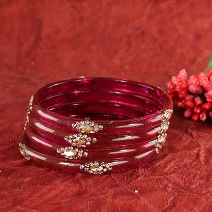 Glass Bangles set With Golden Crystal-Zircon Stone & Floral Work- Pack of 4