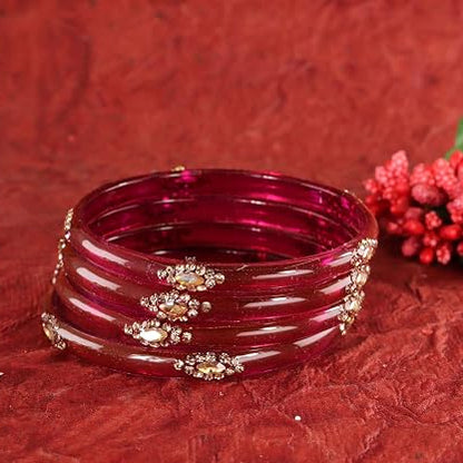 Glass Bangles set With Golden Crystal-Zircon Stone & Floral Work- Pack of 4