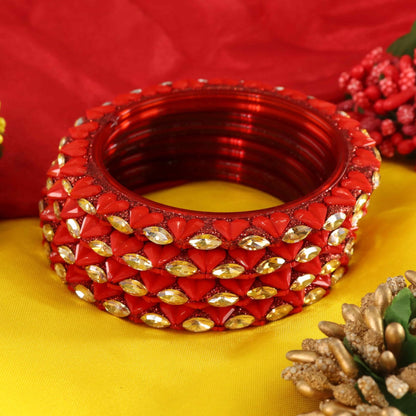 Red Sparkling stone detailing, and elegant golden Kada - Set Of 4
