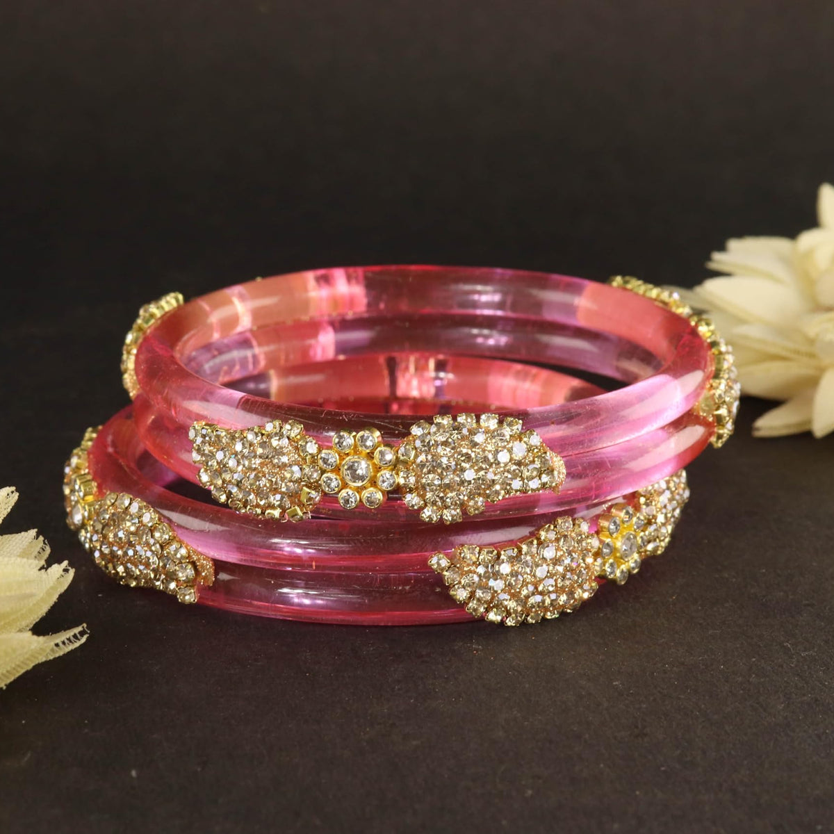 Pink Glass Bangle with Gold-Tone Rhinestone Kada -Set Of 2