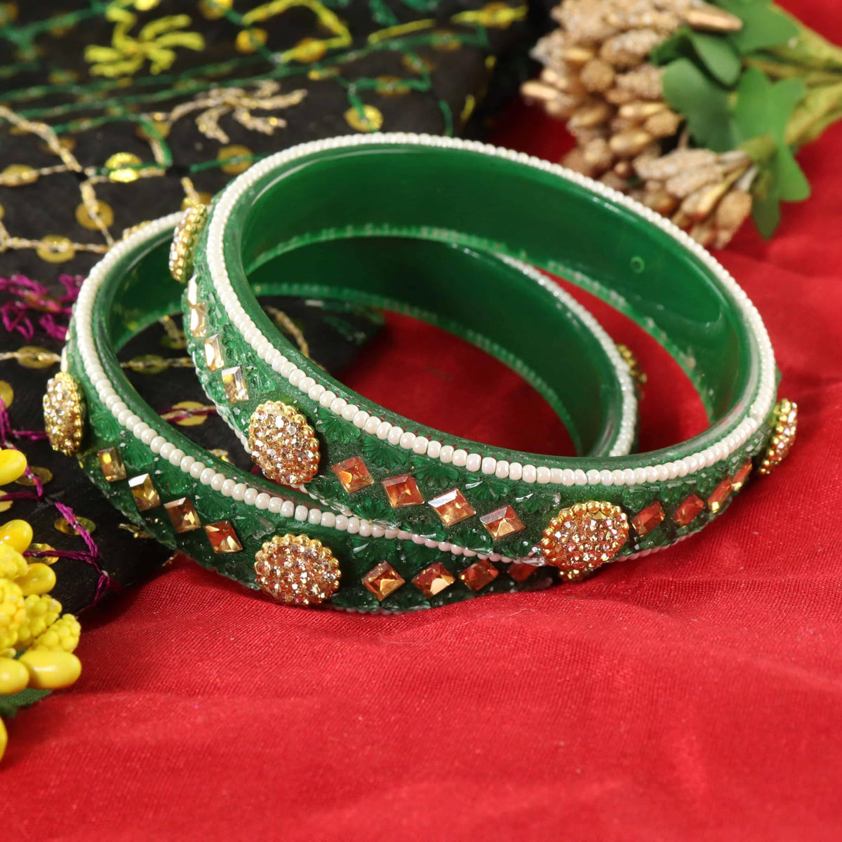 Green Floral Embossed Pattern with Square Stone Kada- Set of 2