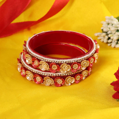 Red Premium Floral Pearl Studded Kada Set - Set of 2
