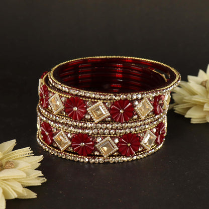 Maroon Premium Designer Kundan Stone Floral Kada- Set of 6