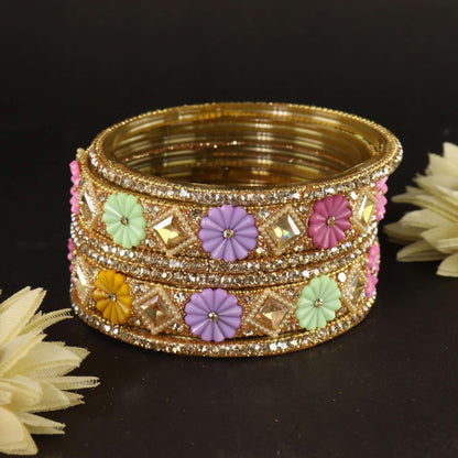 Multi Premium Designer Kundan Stone Floral Kada- Set of 6