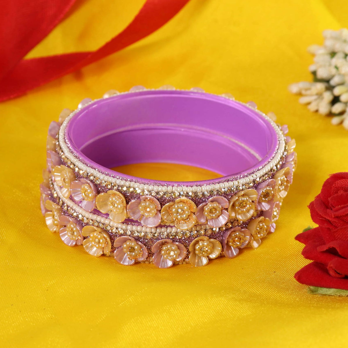 Purple Premium Floral Pearl Studded Kada Set - Set of 2