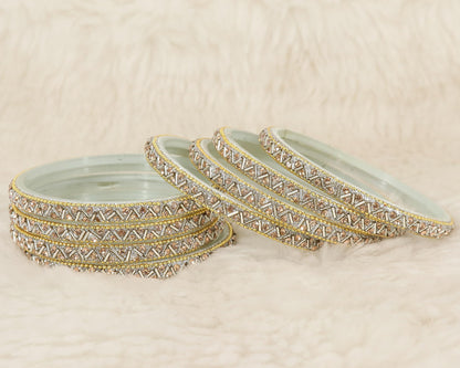 Silver Glass Bangles Set For Girls and Women Studded Zircon Gemstone and Beads I women bangles I (Pack of 8