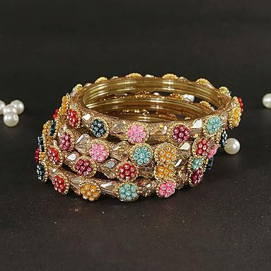 Multicolor Glass Bangle Kundan & Zircon Stone Bangle- Pack of 4