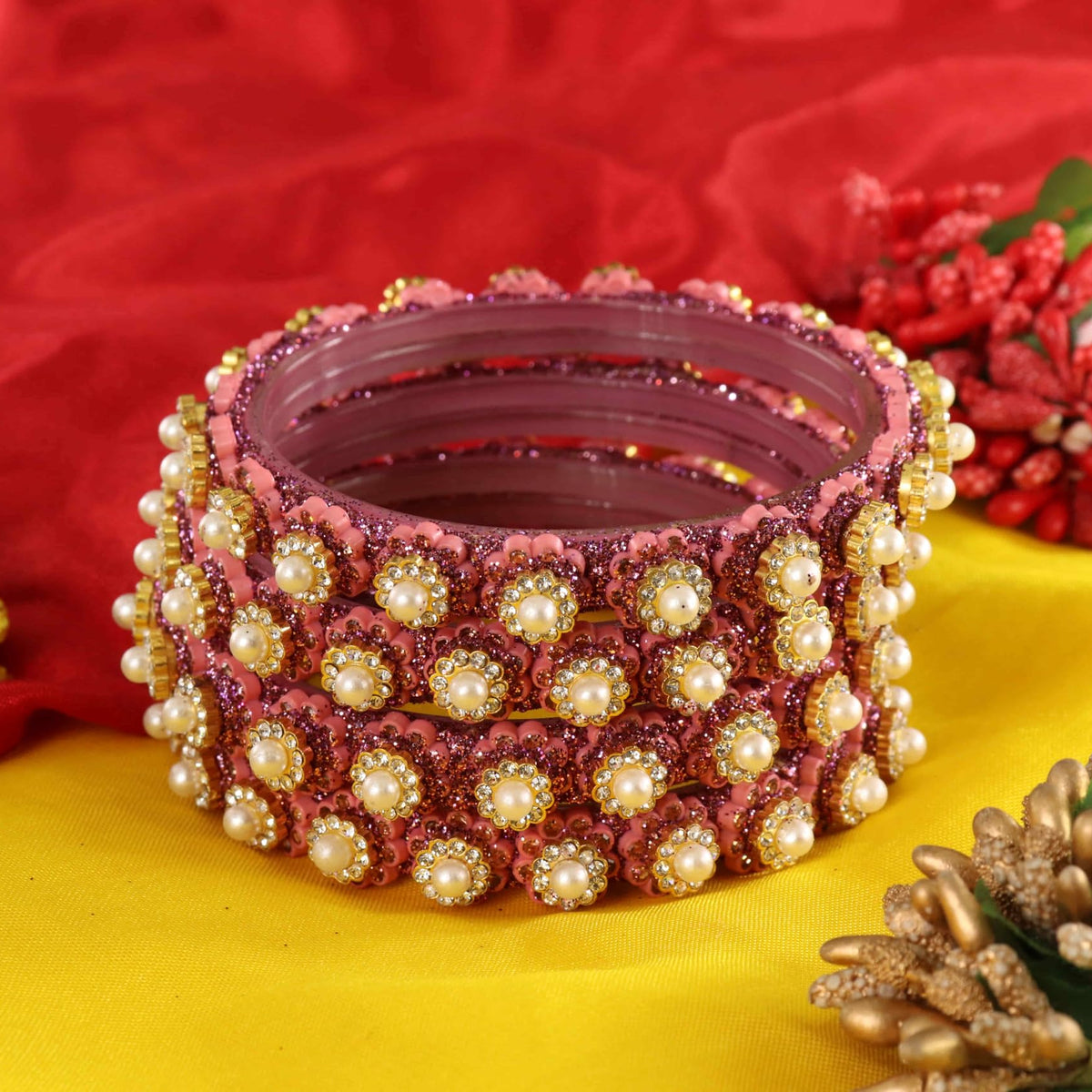 Pink Gold-Tone Kundan & Pearl Stone Work - Set of 4