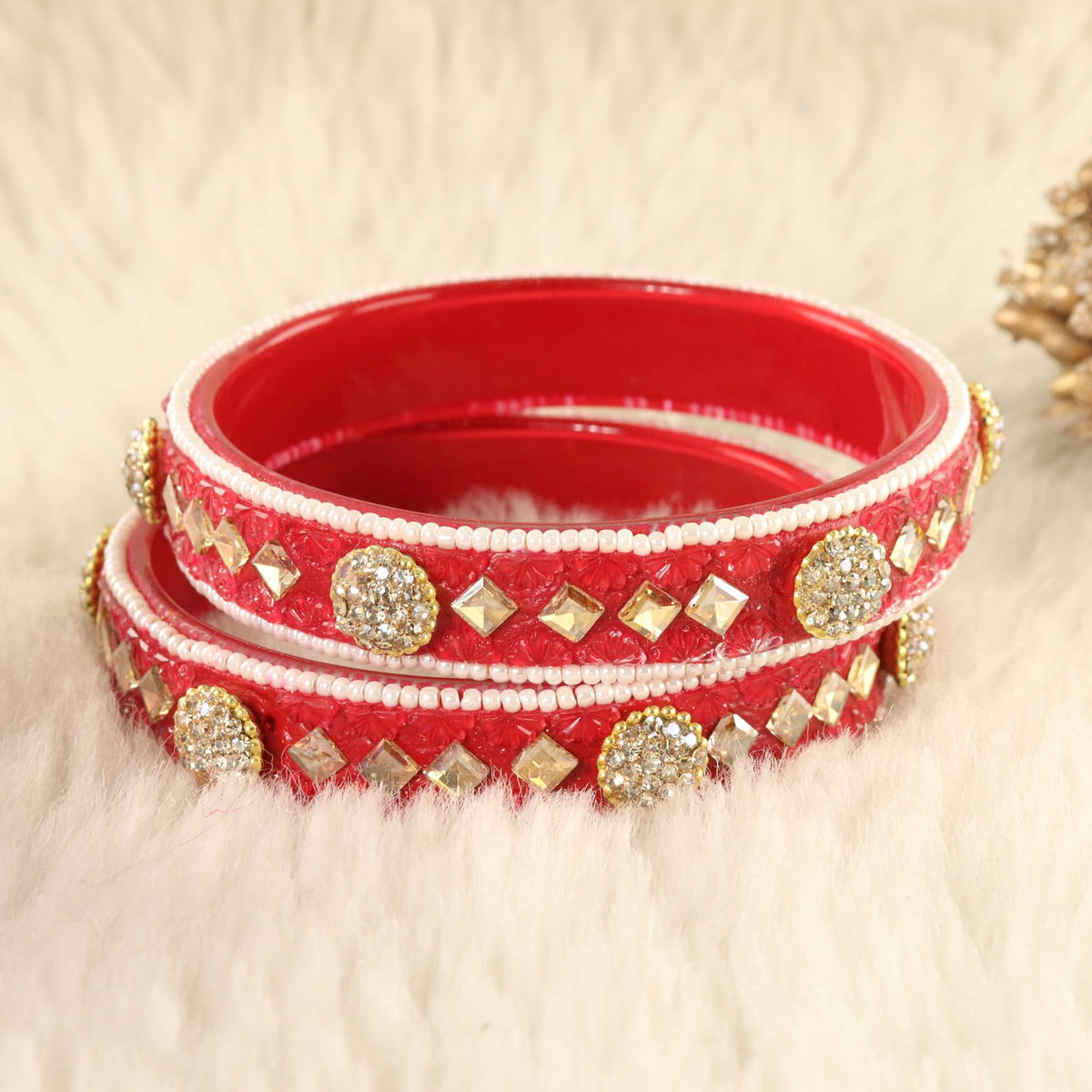 Red Floral Embossed Pattern with Square Stone Kada- Set of 2