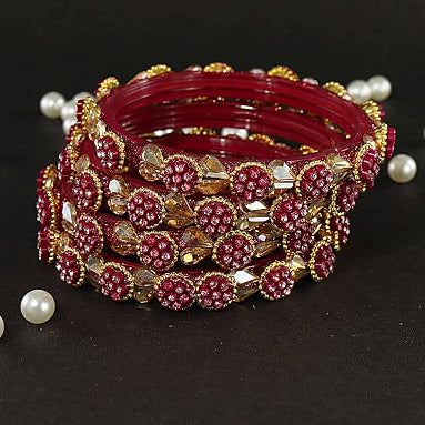 Dark Pink Glass Bangle Kundan & Zircon Stone Bangle- Pack of 4
