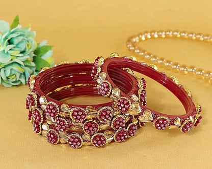 Dark Pink Glass Bangle Kundan & Zircon Stone Bangle- Pack of 4