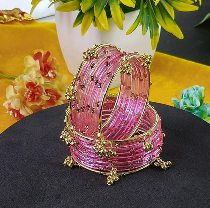 Pink Glass Bangles Set with Gold Metal Ghungroo Pack of 16