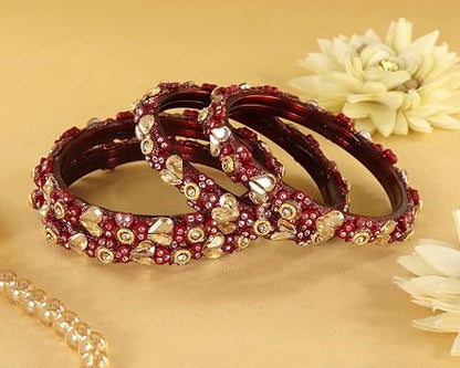 Glass Bangles Kada Set With Kundan & Zircon Stones Work- Pack of 4