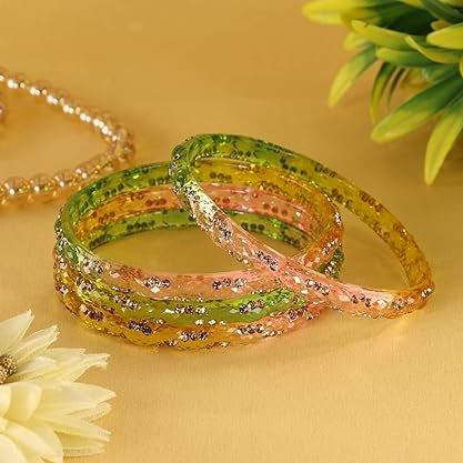 Gemstone Glass Bangles Crystal Kada Ethnic-Set Of 4
