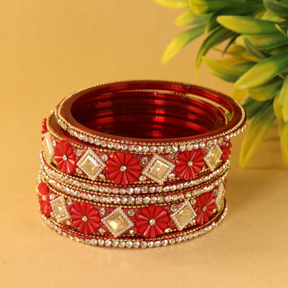 Red Premium Designer Kundan Stone Floral Kada- Set of 6