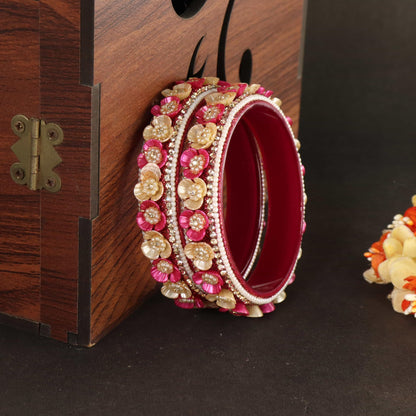 Magenta Premium Floral Pearl Studded Kada Set - Set of 2