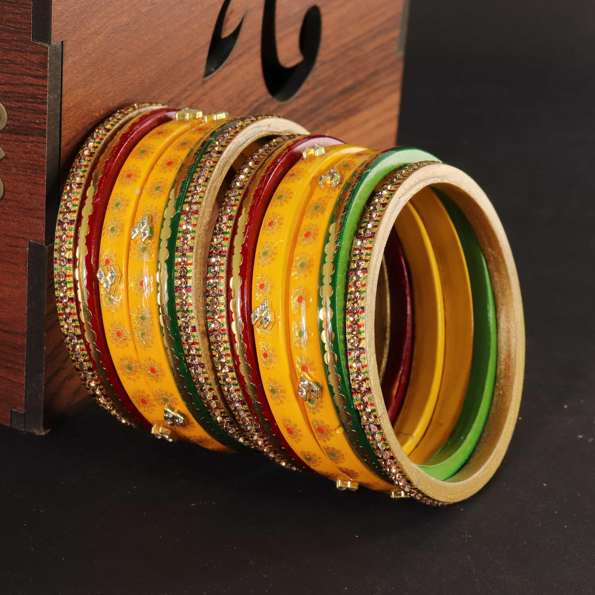 RGY Designer Bridal Gold Floral & Stone Bangle Set - Pack Of 12