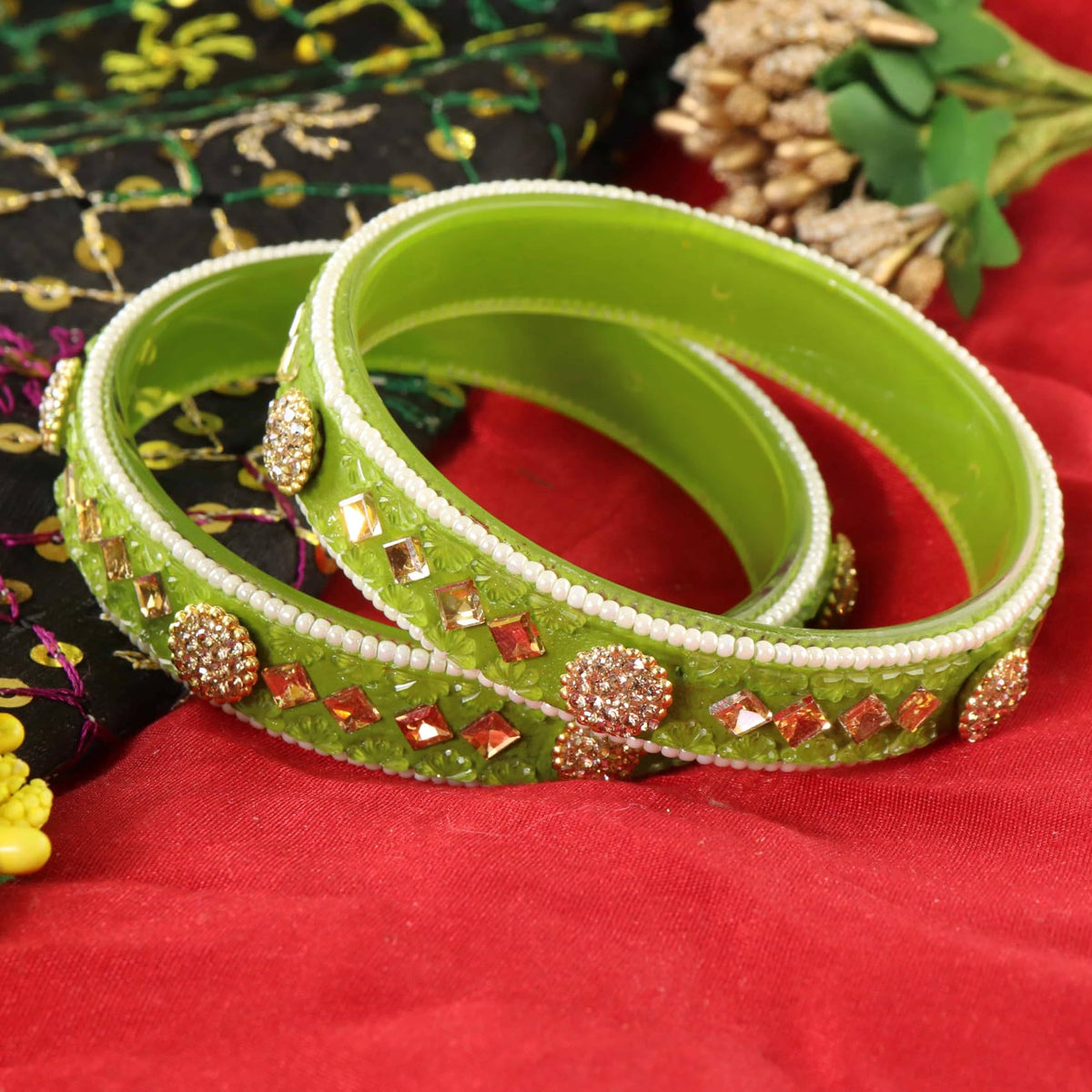 T.Green Floral Embossed Pattern with Square Stone Kada- Set of 2