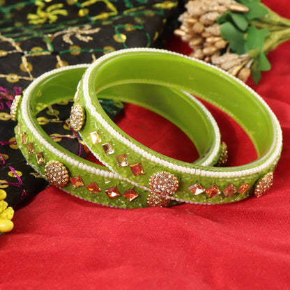 T.Green Floral Embossed Pattern with Square Stone Kada- Set of 2