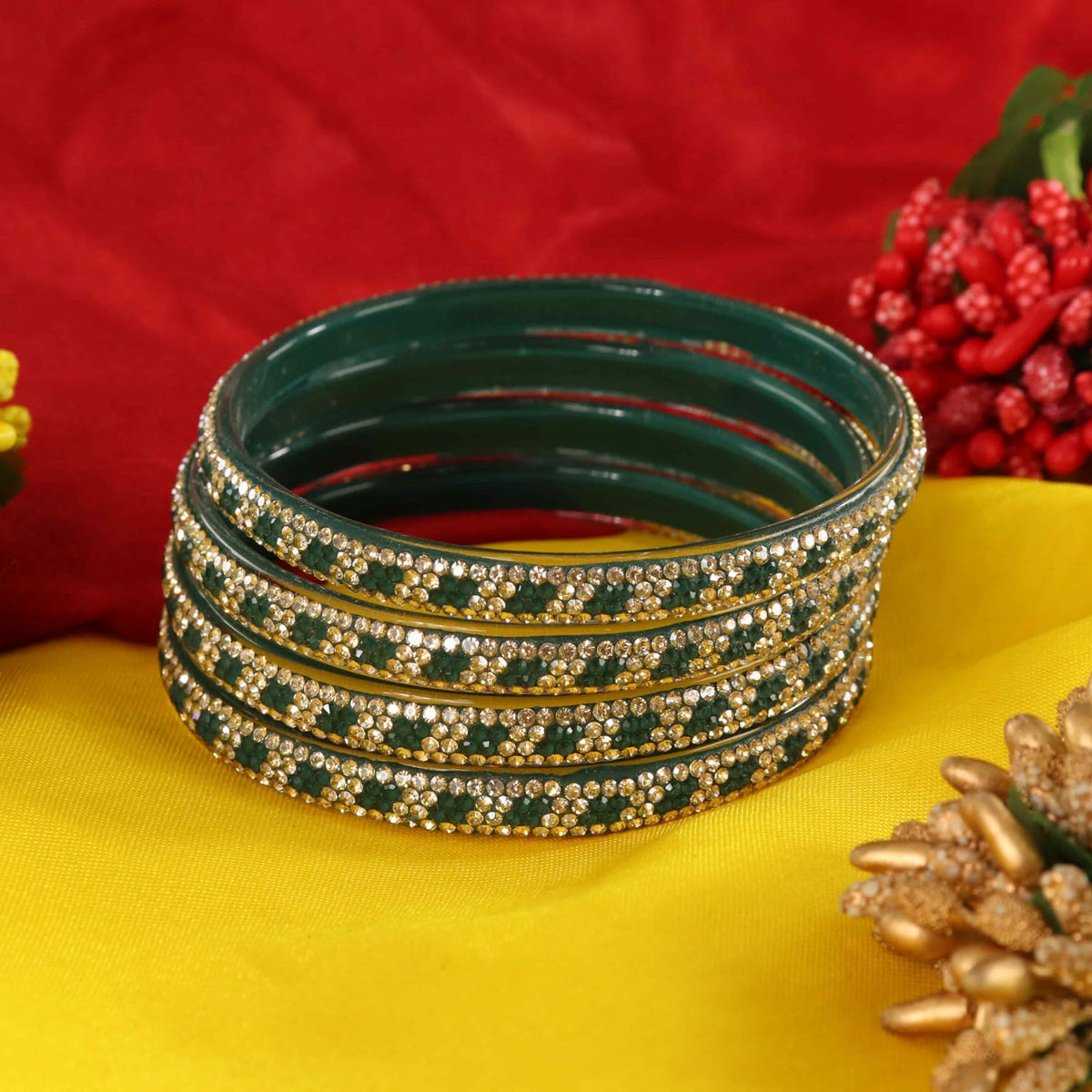 DarkGreen Premium Stone Studded Kada Set - Set of 4