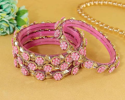 Pink Glass Bangles Set With Zircon Stone And Kundan Work- Set of 4